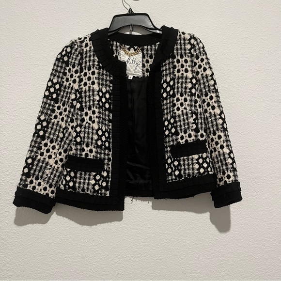 Milly Black & White Wool Houndstooth Polka Dot Textured Cropped Blazer Jacket 8 - Picture 1 of 7